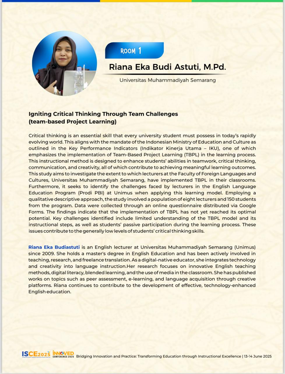Read more about the article Dosen PBI UNIMUS Ibu Riana Eka Budiastuti, M.Pd Menjadi Invited Speaker dalam ISCE-INNOVED 2025