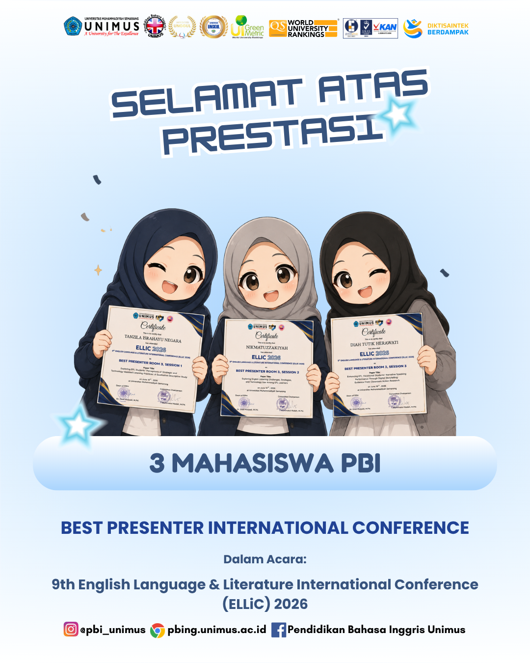 Read more about the article Tiga Mahasiswa PBI UNIMUS Raih Predikat Best Presenter pada ELLiC 2026