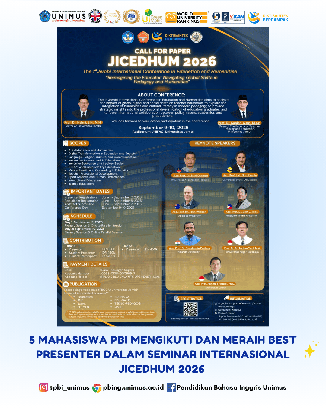 5 Mahasiswa PBI UNIMUS Raih Best Presenter pada JICEDHUM 2026